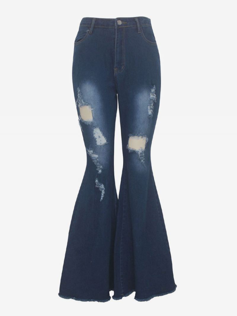 Flare Jeans Raw Edge Ripped High Rise Bell Bottoms For Kvinner 2024 - Mørkeblå