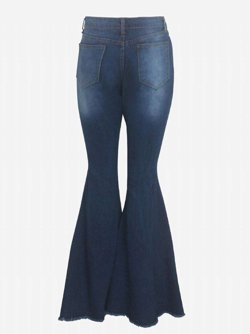 Flare Jeans Raw Edge Ripped High Rise Bell Bottoms For Kvinner 2024 - Mørkeblå