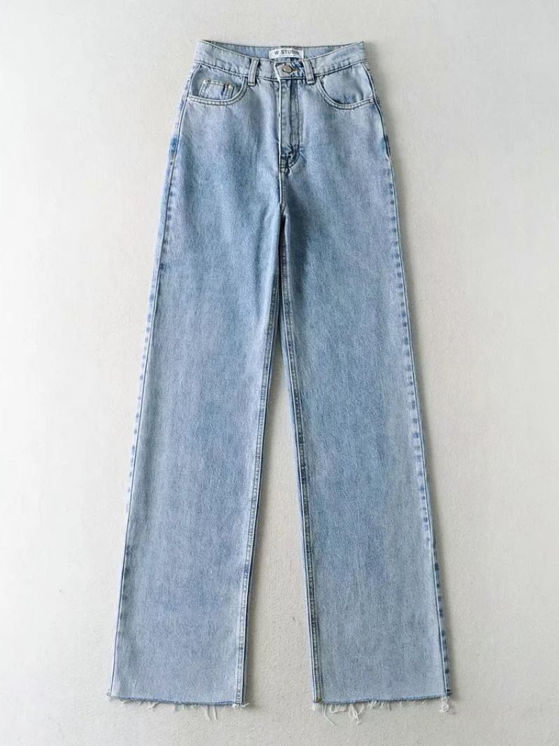 Jeans For Dame Casual Glidelås Hevet Midjeknapp Fly Rette Denimbukser - Babyblå