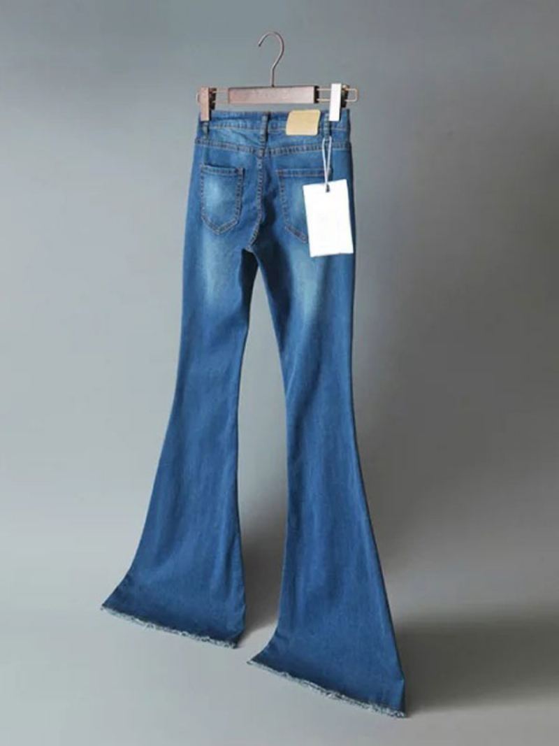 Jeans For Dame Mote Bell Bottoms Glidelås Flue Button Fly Blue Denim Bukser - Blå