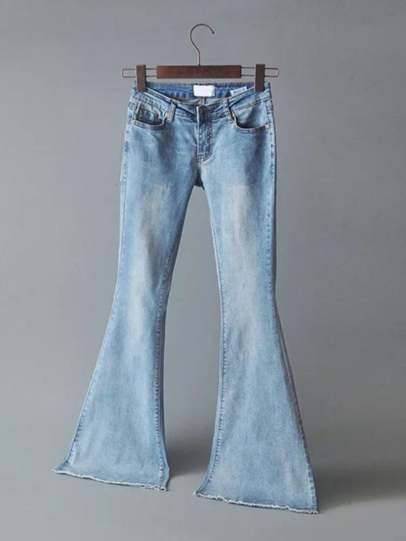 Jeans For Dame Mote Bell Bottoms Glidelås Flue Button Fly Blue Denim Bukser - Babyblå