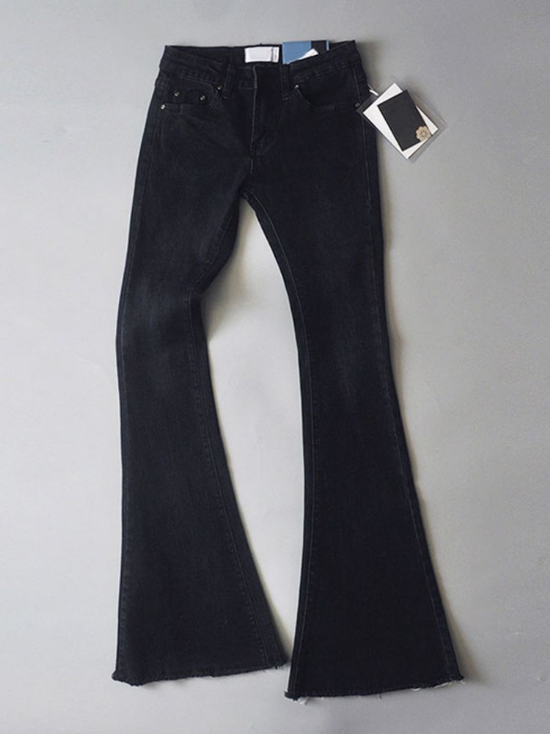 Jeans For Dame Mote Bell Bottoms Glidelås Flue Button Fly Blue Denim Bukser - Sort