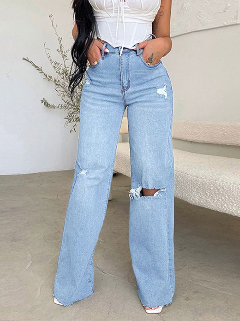 Jeans For Dame Sjarmerende Distressed Straight Polyester - Lys Himmelblå