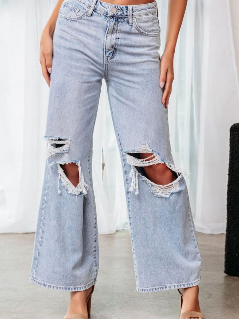 Jeans For Kvinner Chic Frynser Hevet Midje Polyester - Lys Himmelblå