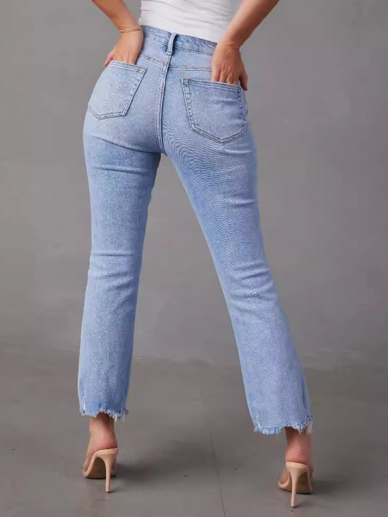 Jeans Mote For Kvinner I Tofarget Distressed Polyester - Lys Himmelblå