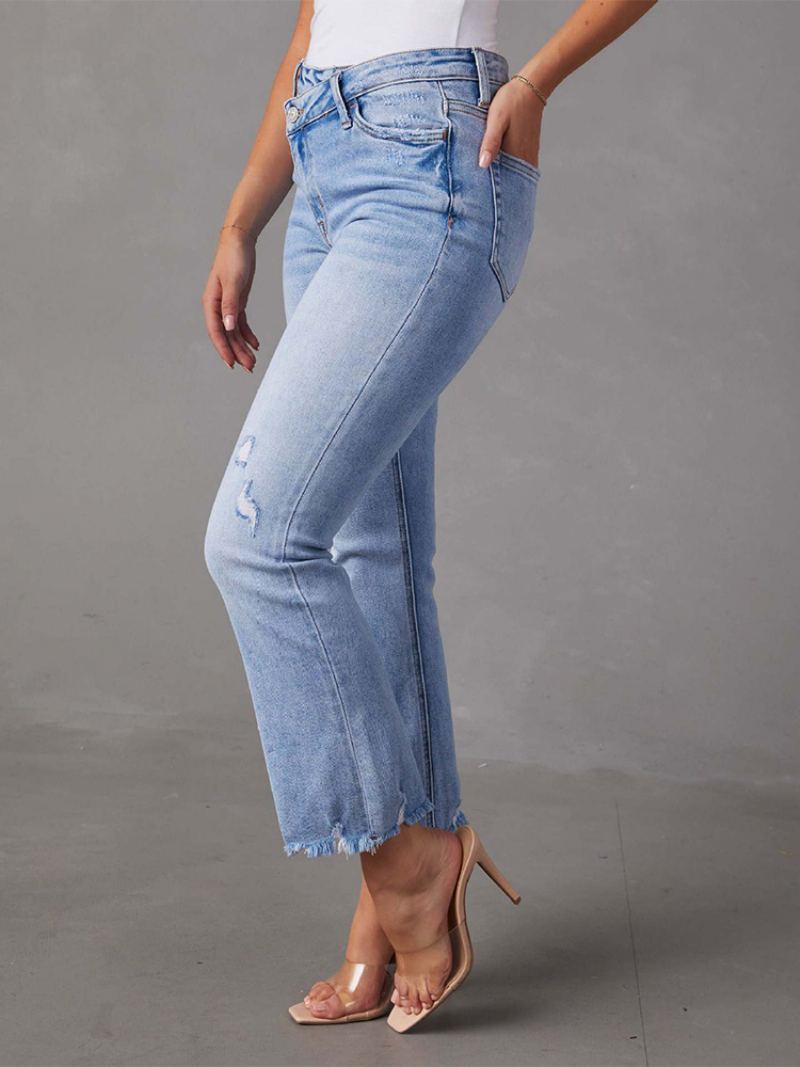 Jeans Mote For Kvinner I Tofarget Distressed Polyester - Lys Himmelblå