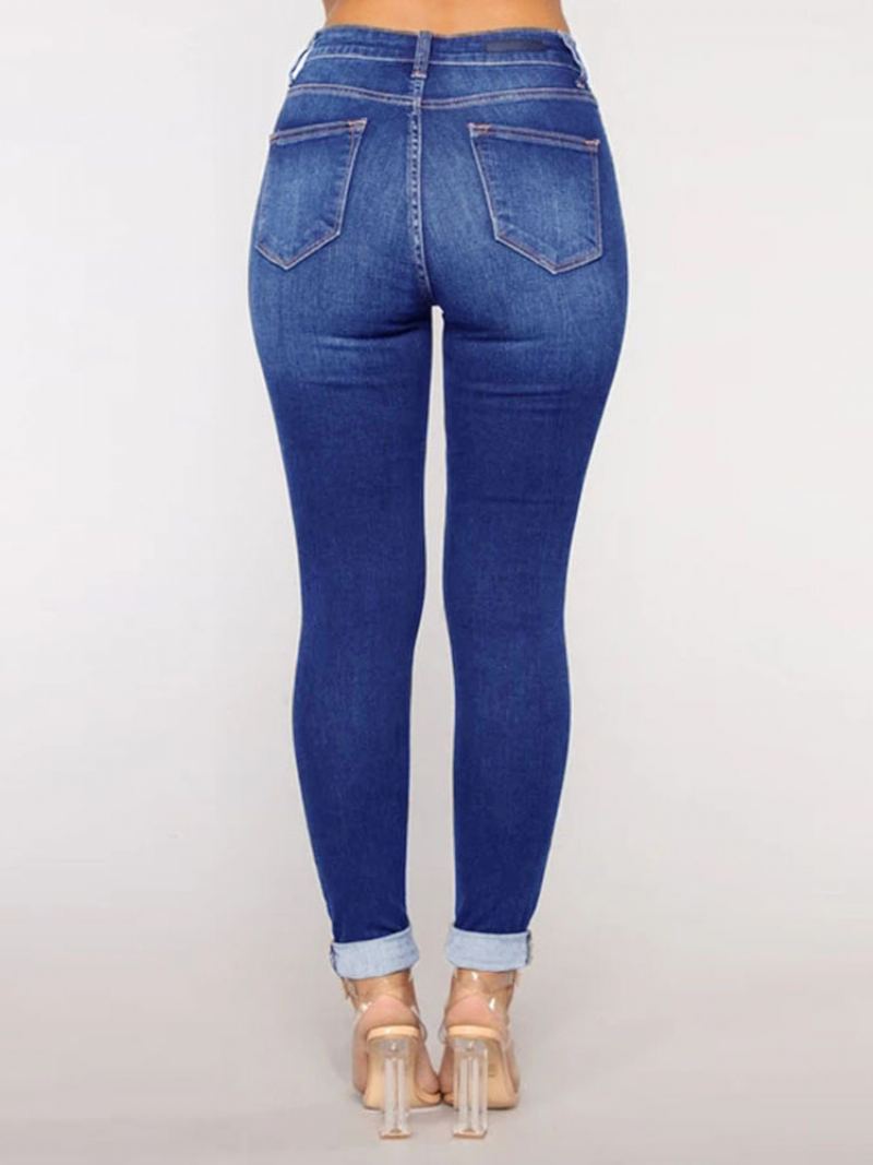 Rippede Jeans Høy Vekst Casual Cotton Skinny Bottoms For Kvinner - Blå