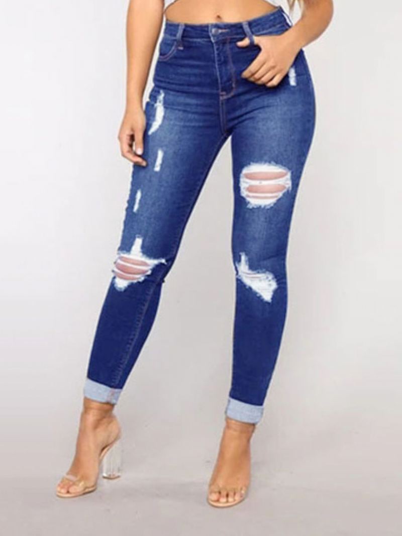 Rippede Jeans Høy Vekst Casual Cotton Skinny Bottoms For Kvinner - Blå