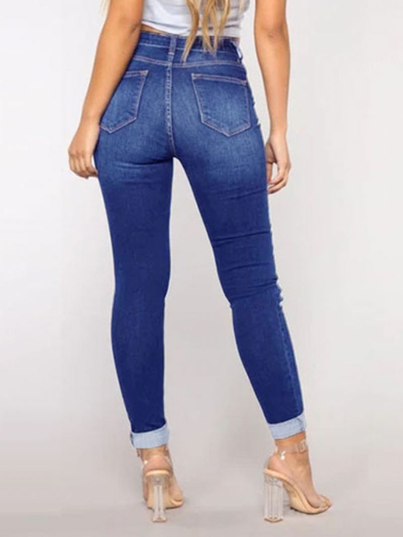 Rippede Jeans Høy Vekst Casual Cotton Skinny Bottoms For Kvinner - Blå