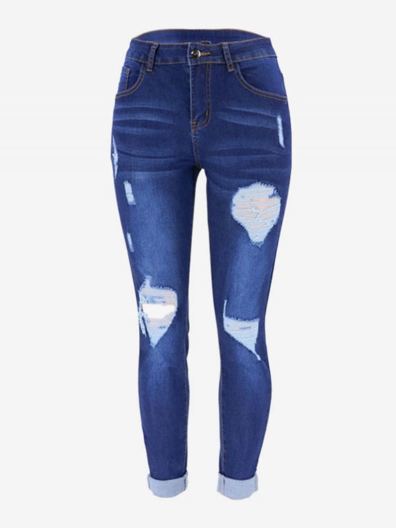 Rippede Jeans Høy Vekst Casual Cotton Skinny Bottoms For Kvinner - Blå