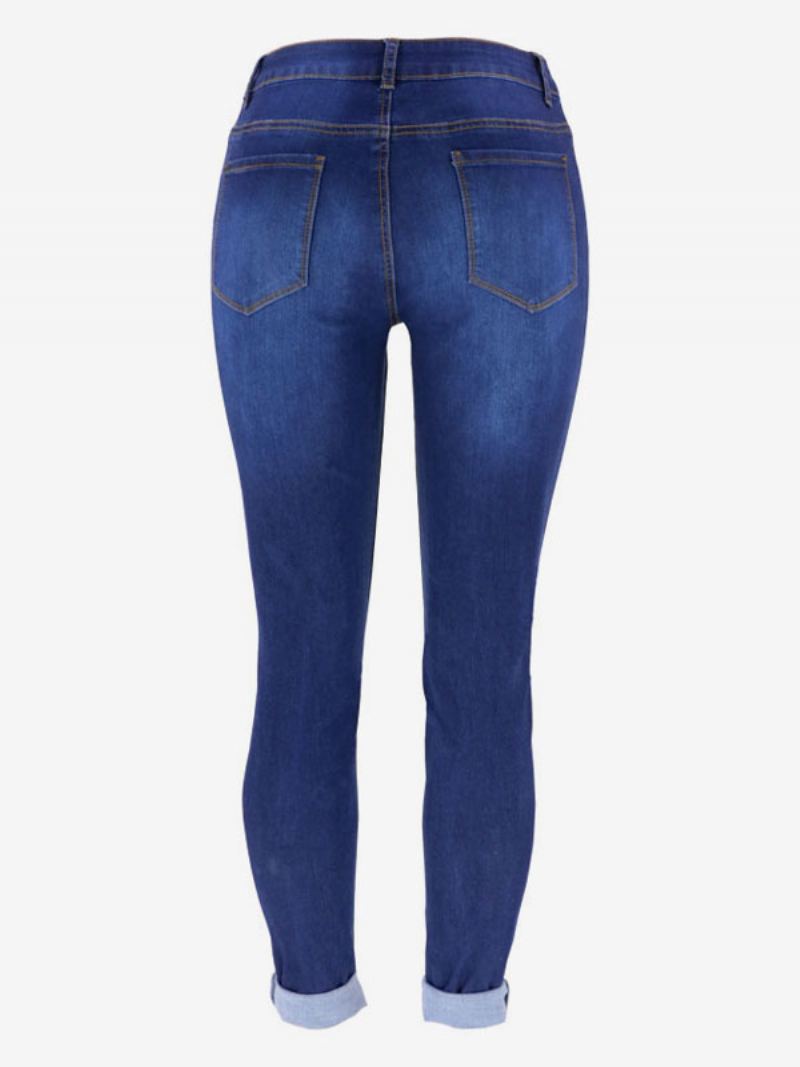 Rippede Jeans Høy Vekst Casual Cotton Skinny Bottoms For Kvinner - Blå