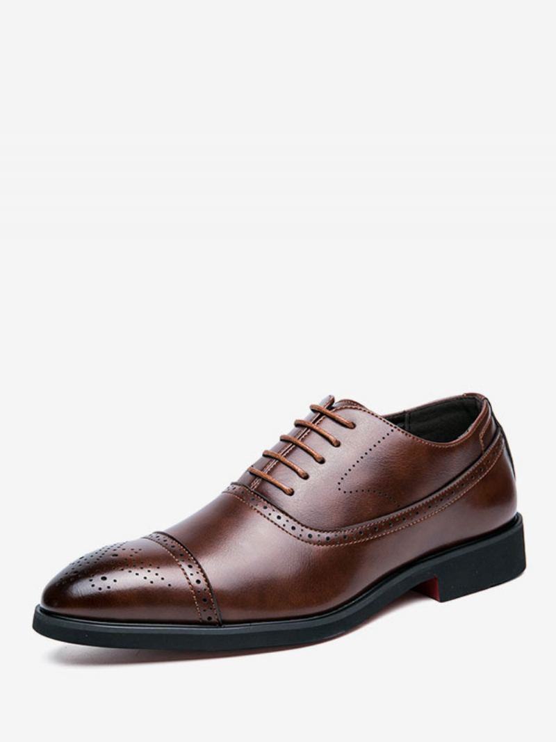 Kjole Sko For Menn Rund Toe Lace Up Pu Lær Oxford Groom - Kaffe Brun