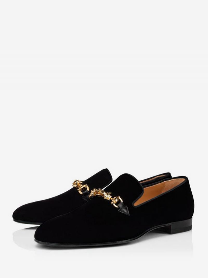 Svarte Loafers Semsket Skinn Equiswing Spike Strap Firkantet Toe Slip-on Kjole Prom Bryllupssko