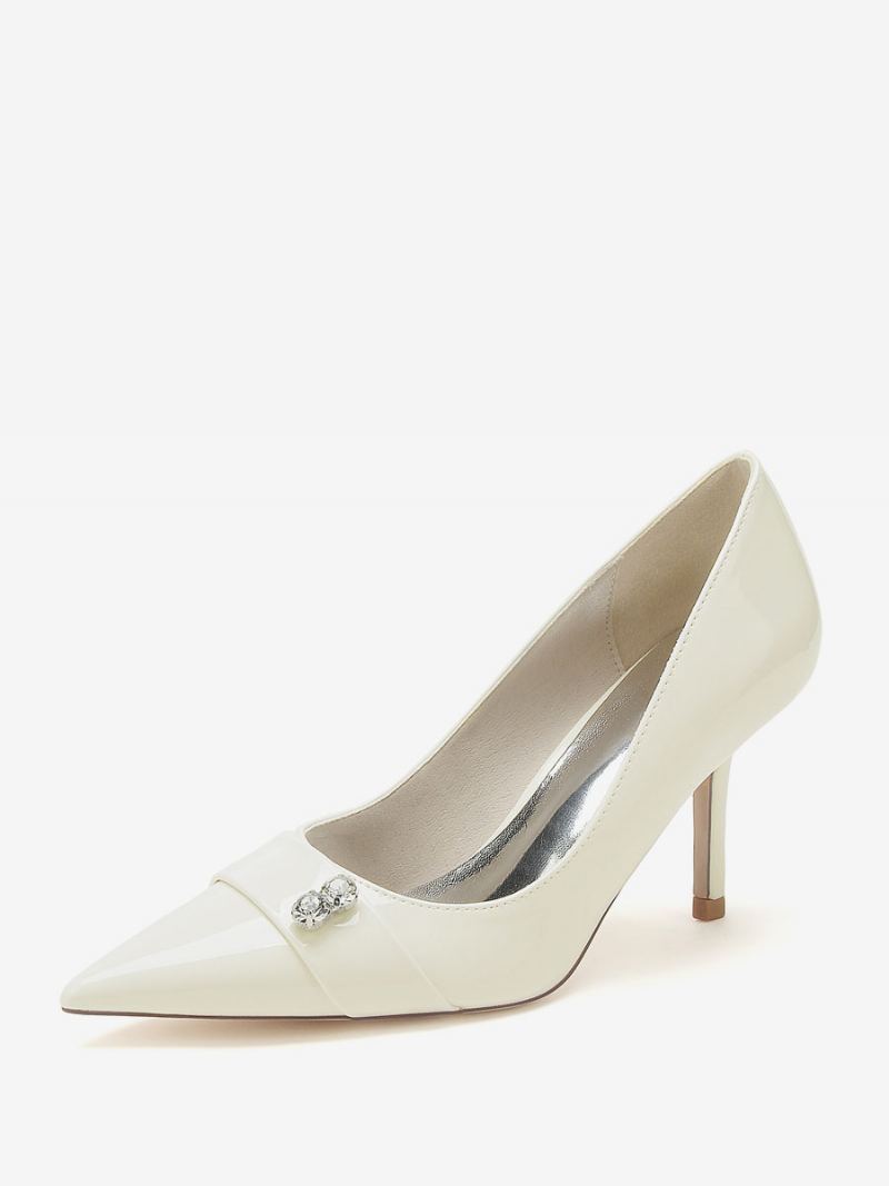 Brudemorssko For Kvinner Patent Pu Øvre Spiss Tå Rhinestones Pumps Med Høye Hæler - Beige