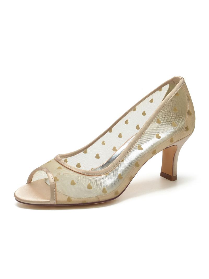 Brudesko For Kvinner Brodert Mesh Peep Toe Chunky Heel - Champagne