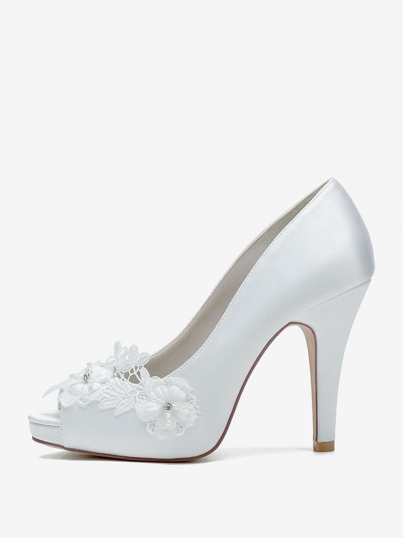 Brudesko For Kvinner Brude Pumps Satin Peep Toe - Hvit