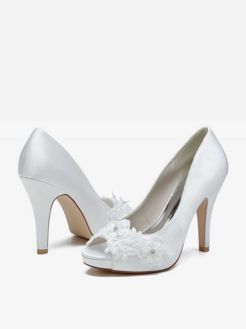 Brudesko For Kvinner Brude Pumps Satin Peep Toe - Hvit