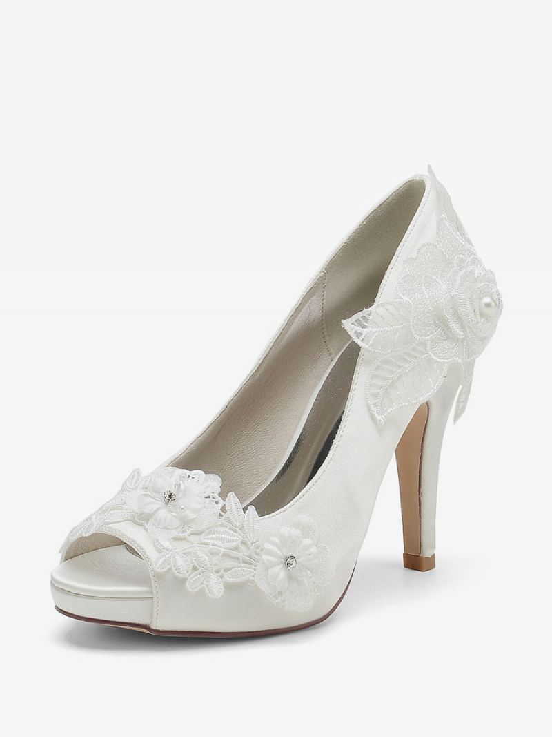 Brudesko For Kvinner Brude Pumps Satin Peep Toe - Elfenben