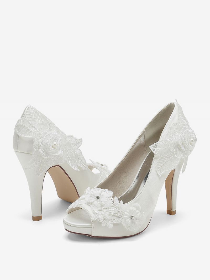 Brudesko For Kvinner Brude Pumps Satin Peep Toe - Elfenben