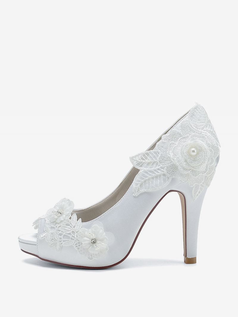 Brudesko For Kvinner Brude Pumps Satin Peep Toe - Hvit