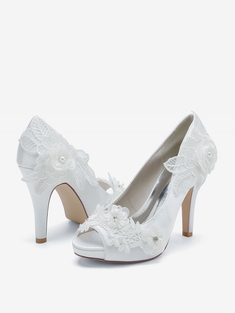 Brudesko For Kvinner Brude Pumps Satin Peep Toe - Hvit