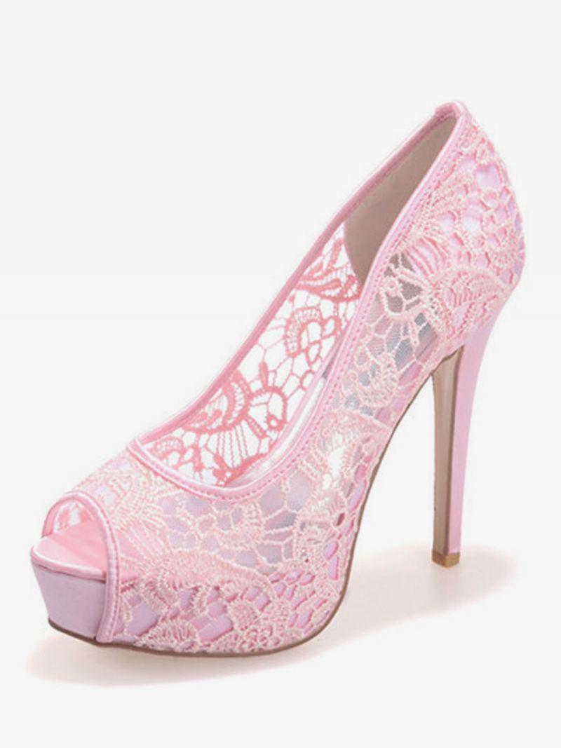 Brudesko For Kvinner Hvit Blonder Peep Toe Stiletthæl Plattform - Rosa