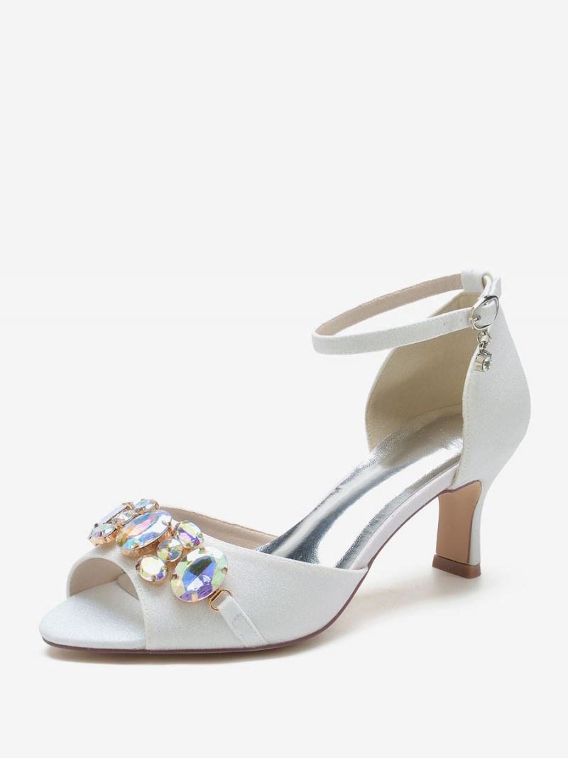 Brudesko For Kvinner Med Paljetter Peep Toe Rhinestones Chunky Heel Bryllupssko - Hvit