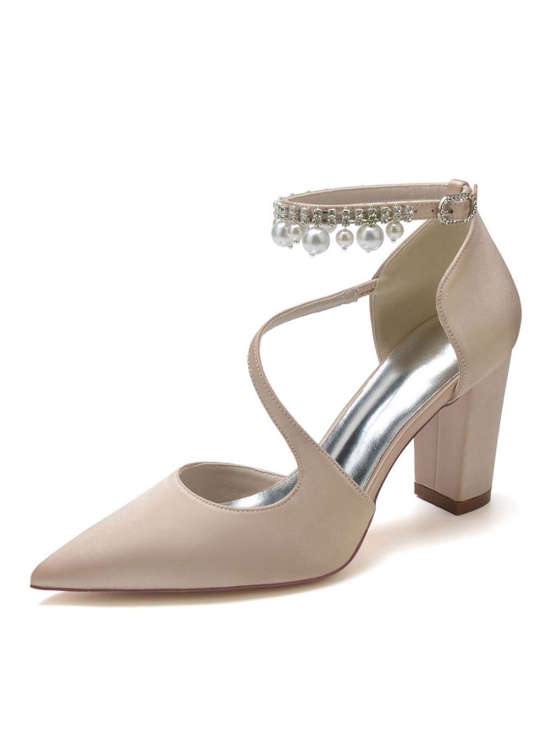 Brudesko For Kvinner Perler Chunky Heel Pumps I Sateng - Champagne