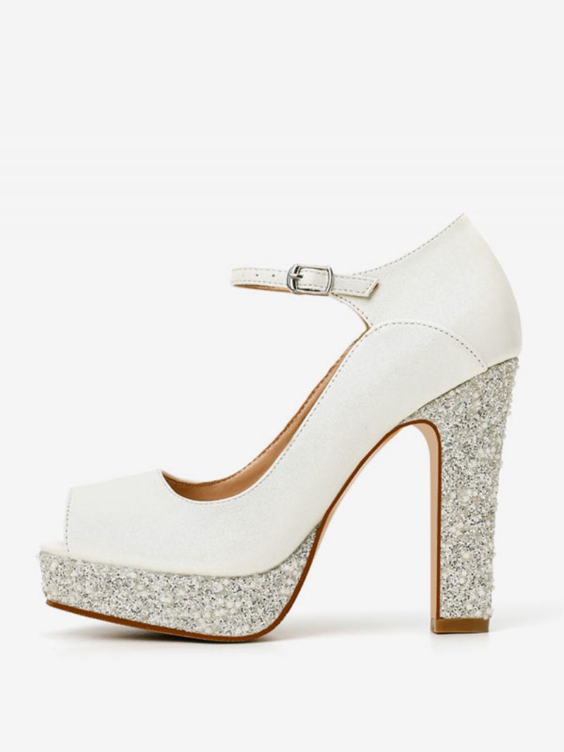 Brudesko For Kvinner Pu-skinn Ecru Hvit Peep Toe Pearls - Beige