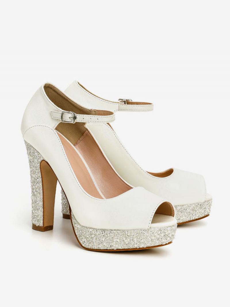 Brudesko For Kvinner Pu-skinn Ecru Hvit Peep Toe Pearls - Beige