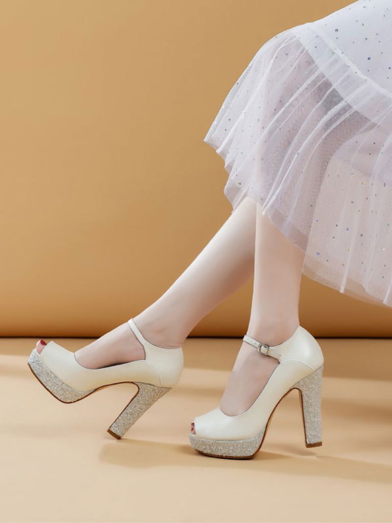 Brudesko For Kvinner Pu-skinn Ecru Hvit Peep Toe Pearls - Beige