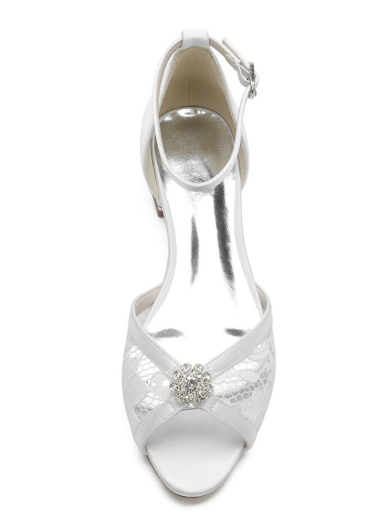 Brudesko For Kvinner Rhinestones Blonder Peep Toe Ankelstropp Flats - Hvit