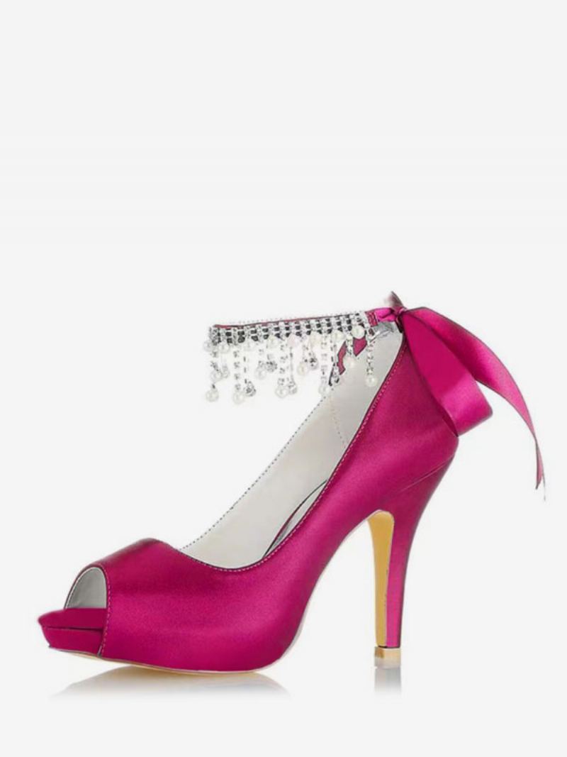 Brudesko For Kvinner Satin Burgund Peep Toe Rhinestones Chunky Heel - Rose