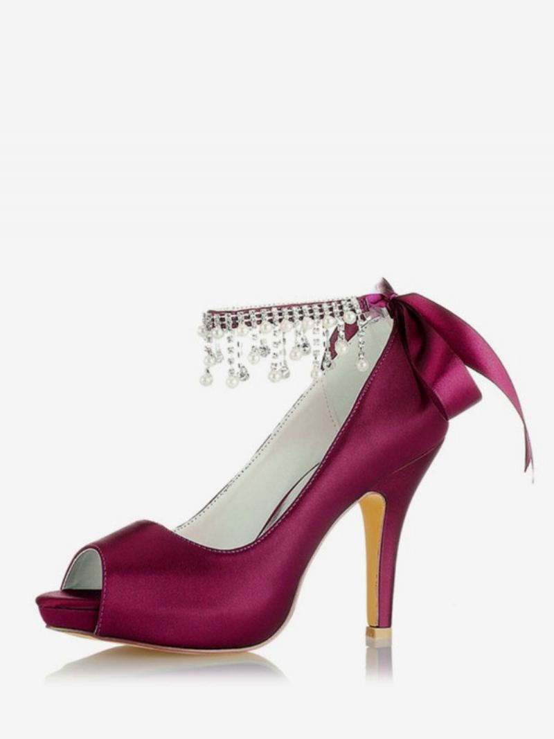 Brudesko For Kvinner Satin Burgund Peep Toe Rhinestones Chunky Heel - Burgunder