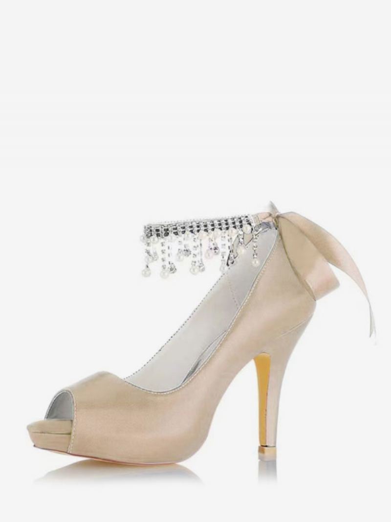 Brudesko For Kvinner Satin Burgund Peep Toe Rhinestones Chunky Heel - Champagne