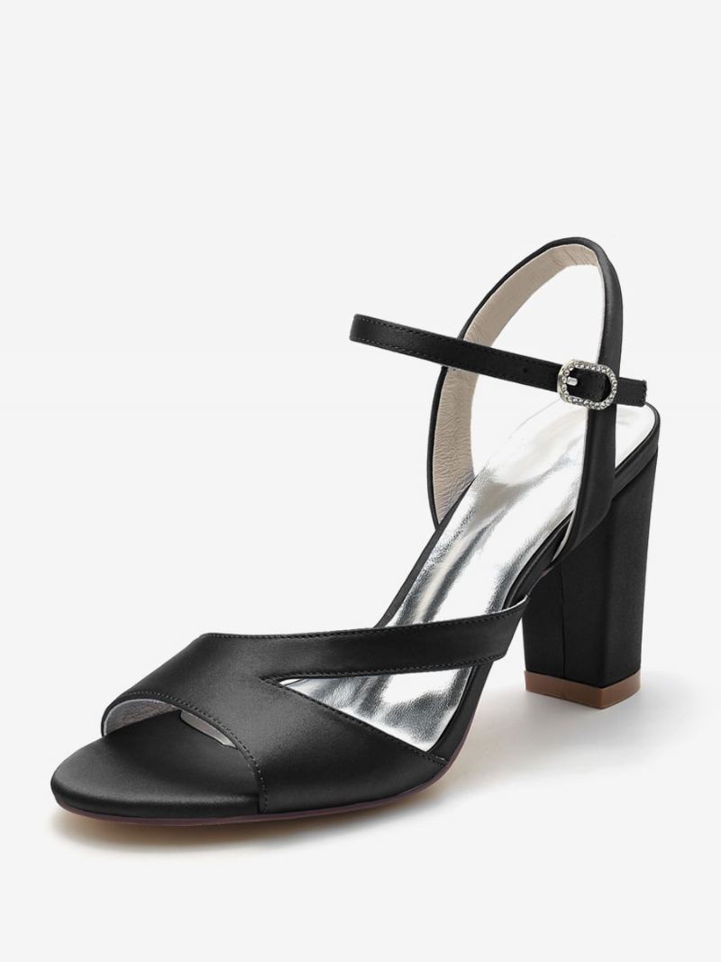 Brudesko For Kvinner Satin Dypblå Peep Toe Chunky Heel - Sort