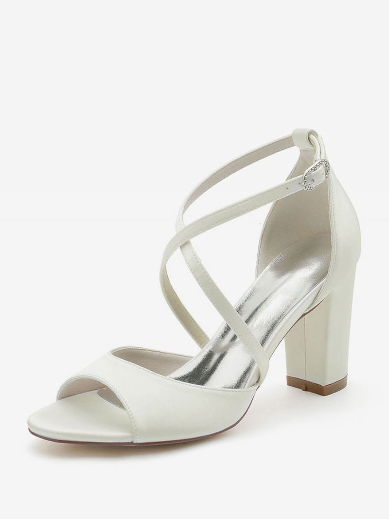 Brudesko For Kvinner Satin Peep Toe Block Heel - Elfenben