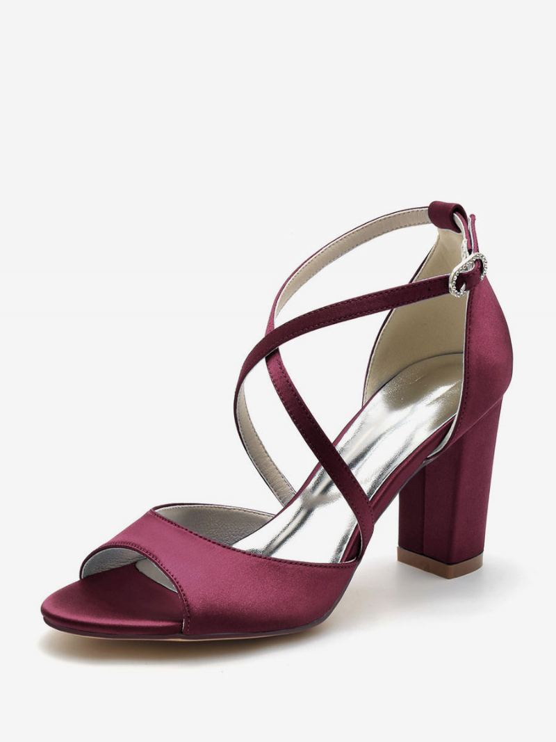 Brudesko For Kvinner Satin Peep Toe Block Heel - Burgunder