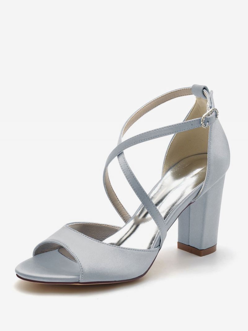 Brudesko For Kvinner Satin Peep Toe Block Heel - Sølv