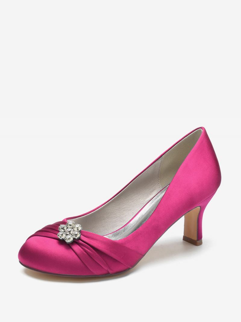 Brudesko For Kvinner Satin Rund Toe Rhinestones Chunky Heel - Rose