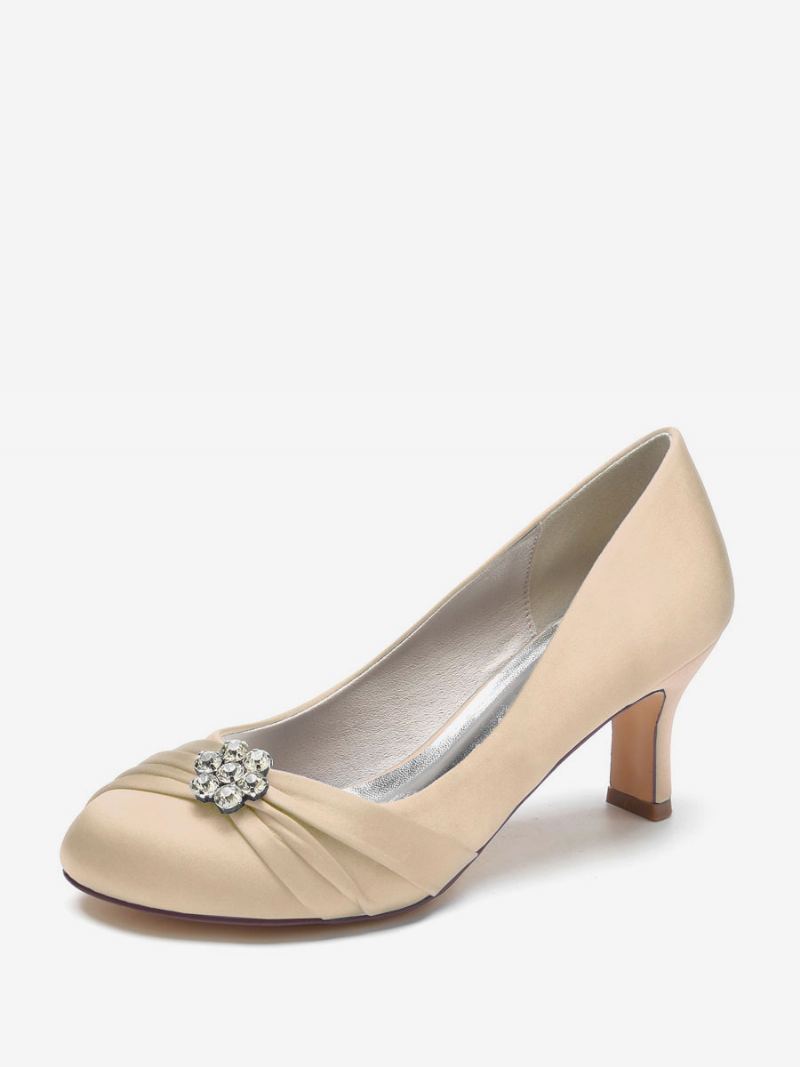 Brudesko For Kvinner Satin Rund Toe Rhinestones Chunky Heel - Champagne