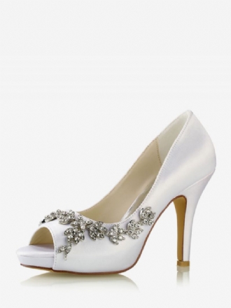 Brudesko For Kvinner Satin White Peep Toe Rhinestones Chunky Heel