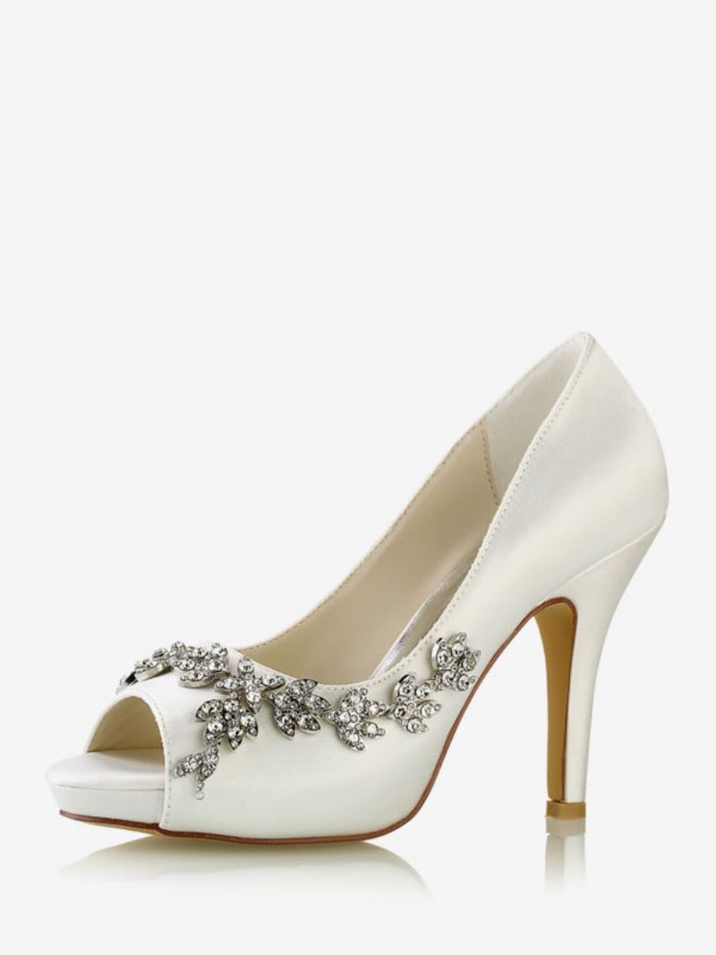 Brudesko For Kvinner Satin White Peep Toe Rhinestones Chunky Heel - Elfenben