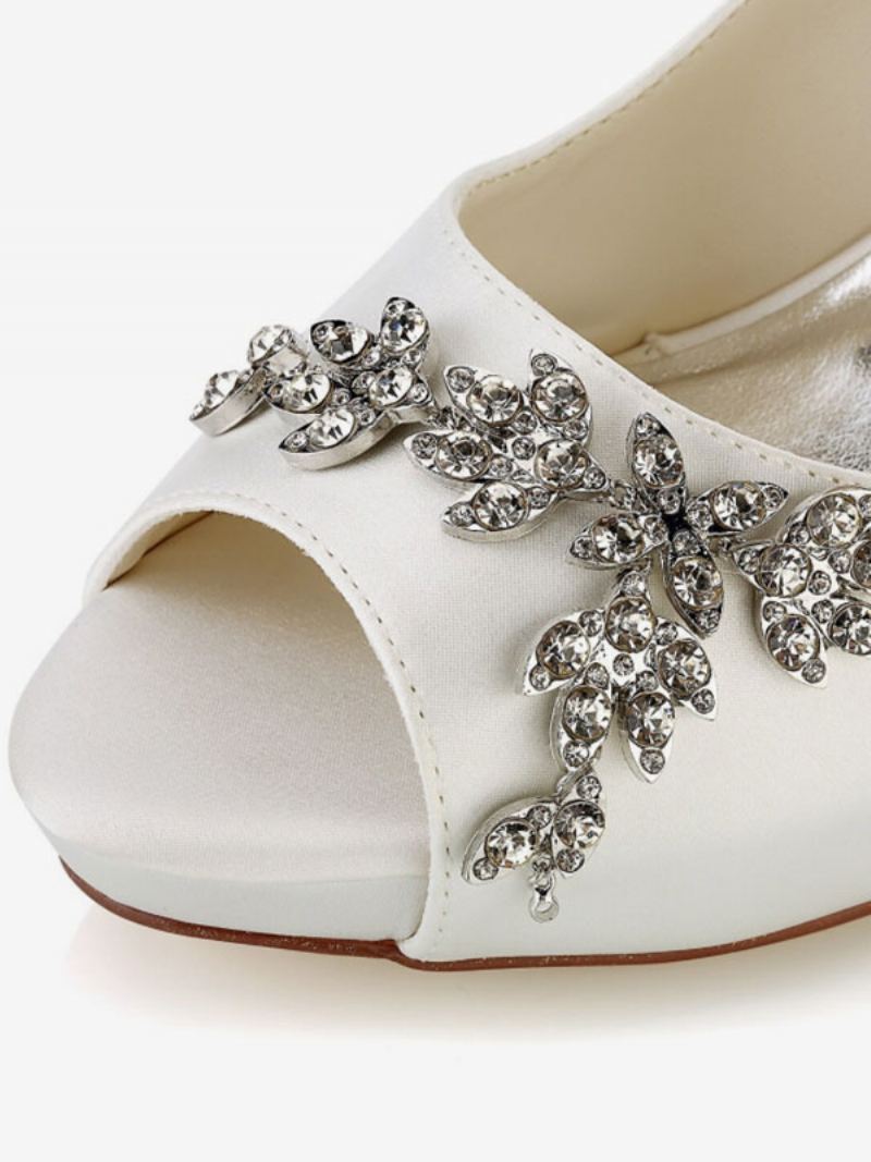 Brudesko For Kvinner Satin White Peep Toe Rhinestones Chunky Heel - Elfenben