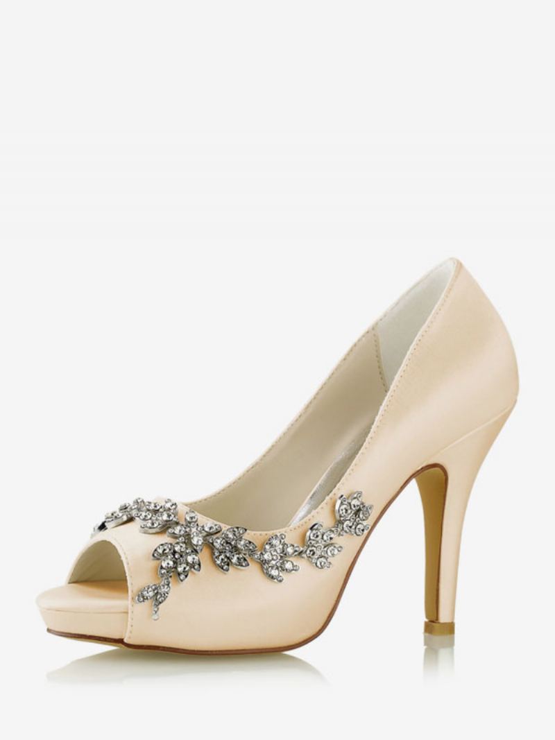 Brudesko For Kvinner Satin White Peep Toe Rhinestones Chunky Heel - Champagne