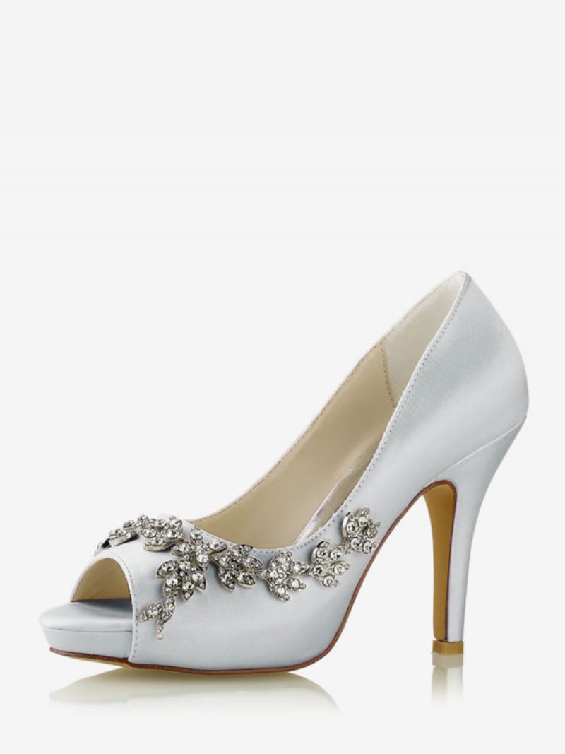 Brudesko For Kvinner Satin White Peep Toe Rhinestones Chunky Heel - Sølv