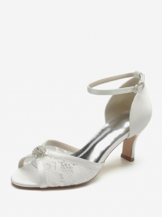 Brudesko Med Blonder For Kvinner Peep Toe Rhinestones Chunky Heel