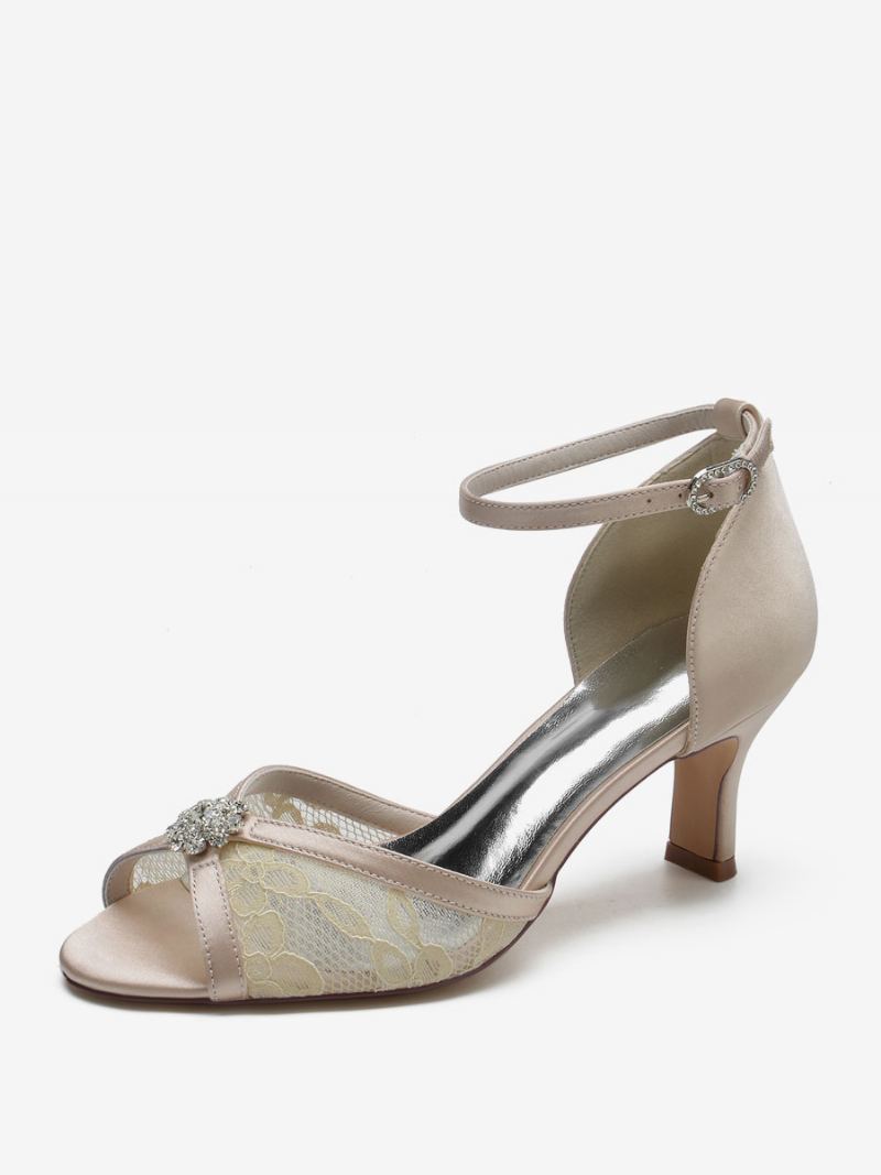 Brudesko Med Blonder For Kvinner Peep Toe Rhinestones Chunky Heel - Champagne