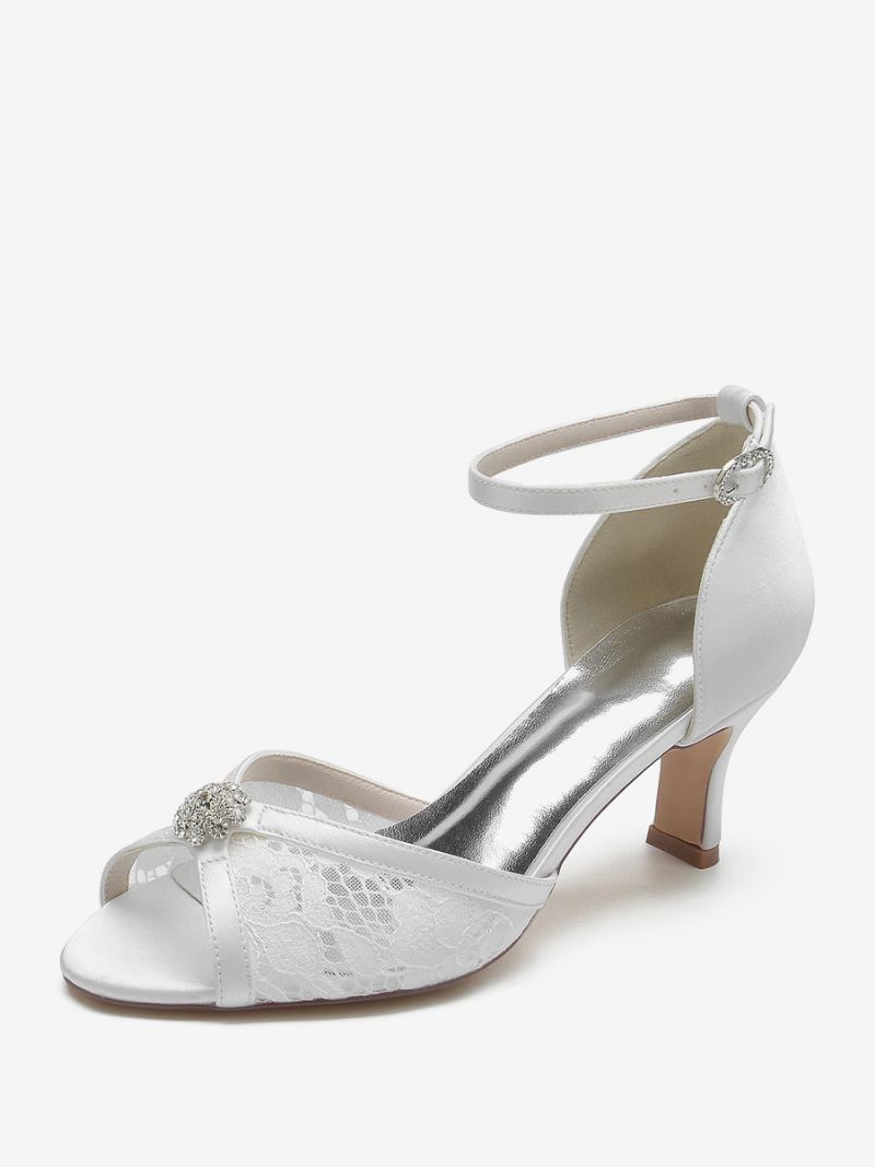 Brudesko Med Blonder For Kvinner Peep Toe Rhinestones Chunky Heel - Hvit