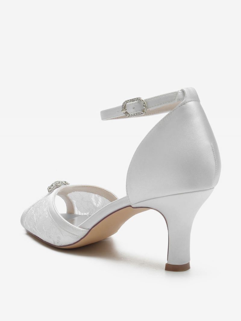 Brudesko Med Blonder For Kvinner Peep Toe Rhinestones Chunky Heel - Hvit